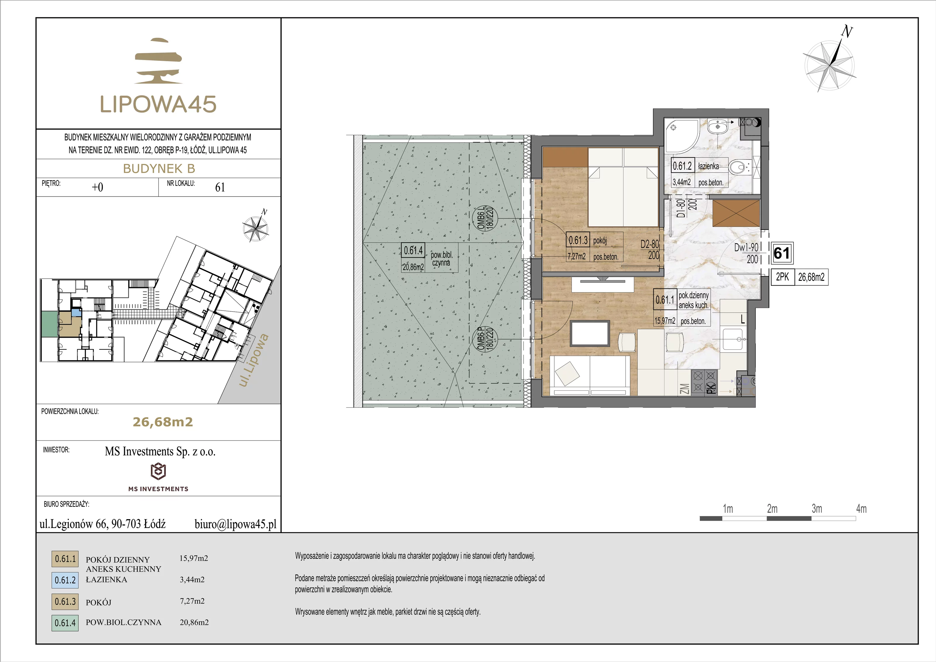 2 pokoje, mieszkanie 26,68 m², parter, oferta nr 61, Lipowa 45, Łódź, Polesie, ul. Lipowa 45